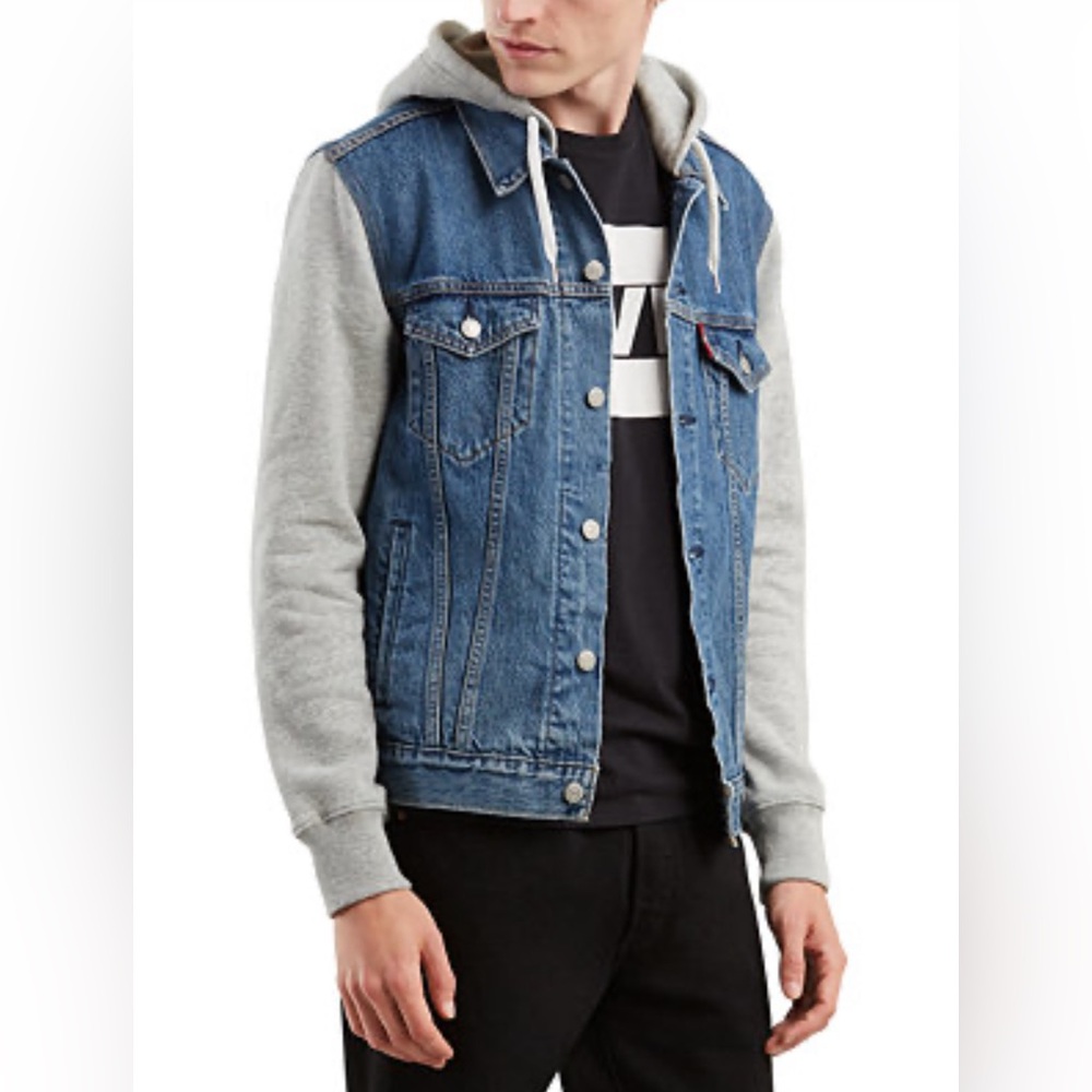 Levi’s Hybrid Hoodie Trucker Jacket Blue Denim Men’s S Small Heavyweight Gray - Picture 2 of 11